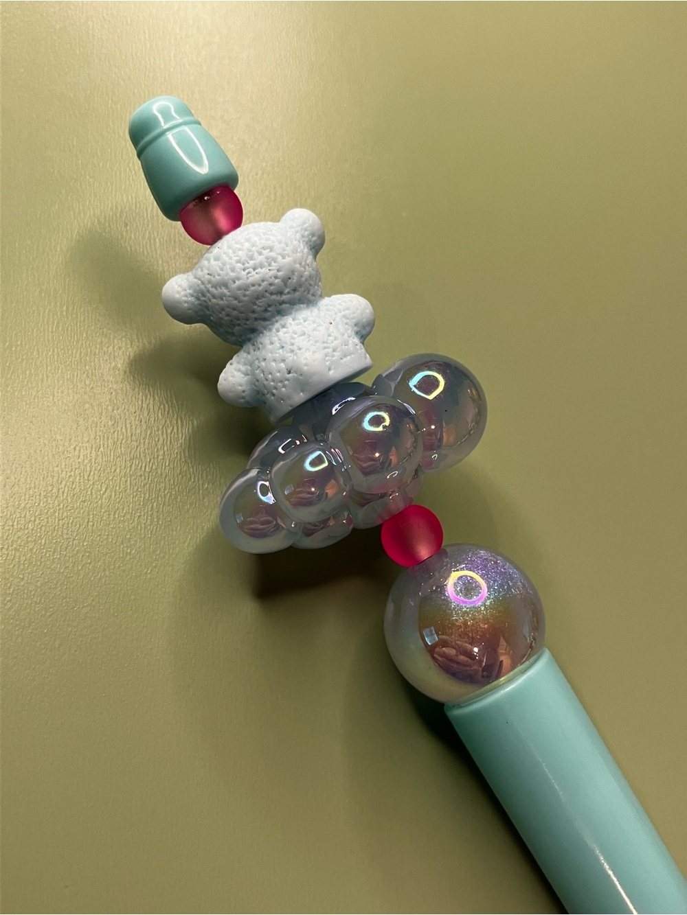 Blue Pink Emo Bear on a Blue Cloud Kawaii Handmade Beaded Pen - Picture 5 of 8